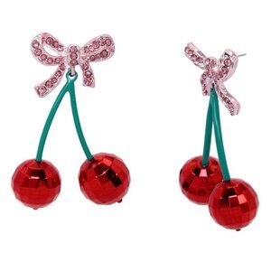 NWT Betsey Johnson Sweetheart Cherry Drop Earrings Red Disco Ball Pink Bow Pinup